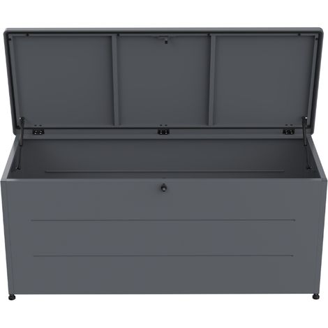 Grand coffre de rangement extérieur 800L gris – Acier galvanisé avec ouverture hydraulique (1/5)