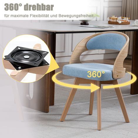 Lot de 2 chaises design scandinave en bois massif, pivotantes avec coussins en lin et coton, dossier courbé, idéales pour cuisine, espace repas ou café (Tissu bleu). (1/5)