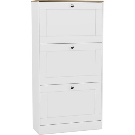 3 Drawer Shoe Cabinet Modern Entryway Shoe Storage, H 117 x W 58 x D 24 cm, White and Oak