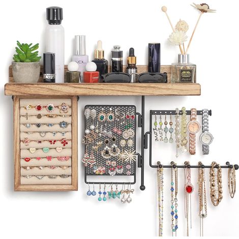 Organisateur De Bijoux Murale - Étagère En Bois Rustique - Support À Anneaux - Porte-Boucles D Oreilles Pivotant - Porte-Colliers À Deux Niveaux - 1 Pièce (1/5)