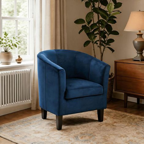 Velvet Fabric Tub Chair Armchair Living Room Modern Office Dark Blue (1/5)