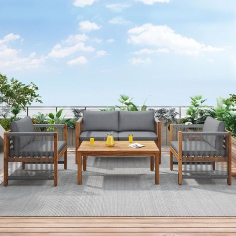 Salon de jardin bas, Ensemble table et chaises de terrasse extérieur balcon, 4 pièces 4 places en bois d'acacia et corde tressée style bohème moderne, gris