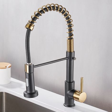 Mitigeur de cuisine avec douchette pivotante à 360° - Robinet d'évier LED noir doré (1/5)