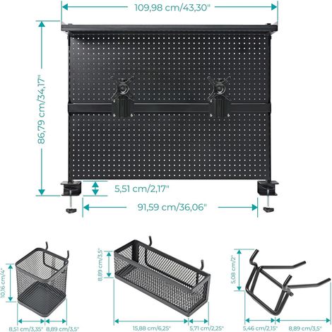 Panneau perforé bureau avec support double écran, organisateur modulable en acier. Panneau confidentialité pour espace gamer, équipé de 4 accessoires de rangement. Dimensions : 109 × 86 cm