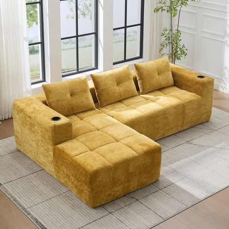 Divano angolare, con tre cuscini, portabicchieri, giallo, 258x163x68 cm (1/5)