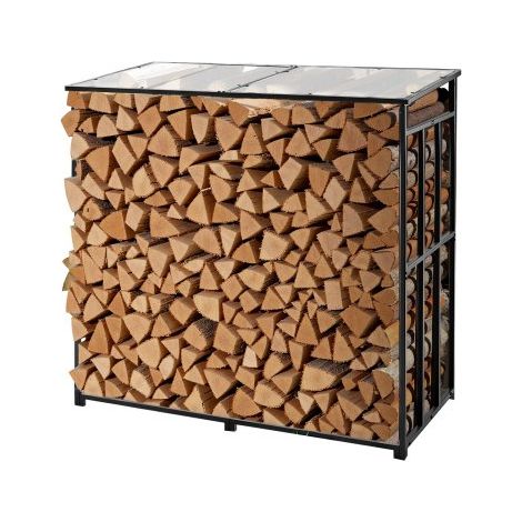 Estante de Almacenamiento de Leña 143 x 70 x 143 cm Marco de Metal con Recubrimiento en Polvo Panel de Techo Soporte de Leña Carga de 299,4 kg para Chimenea, Terraza, Patio, Jardín, Negro (1/5)
