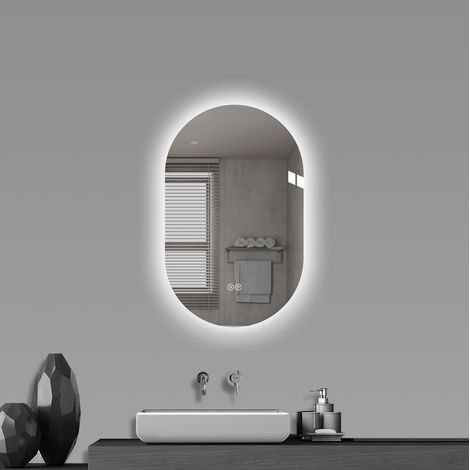 Miroir LED ovale 50x80 cm sans cadre, anti-buée, tactile, argent (1/5)
