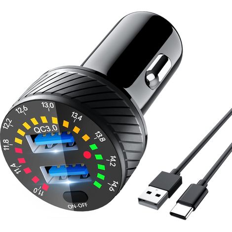 Cargador de coche USB QC3.0 de 36 W, cargador rápido con cable USB tipo C, adaptador para coche, cargador USB para mechero de coche compatible con iPhone 15, 14, 13, 12, Samsung Galaxy y Xiaomi. (1/5)