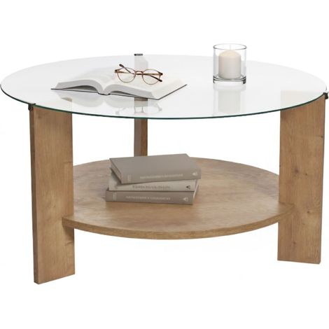 Mesa de Salón Canevino, Forma Redonda, Tapa de Vidrio, Estante Color Transparente, 75x75x40h cm Roble Marrón