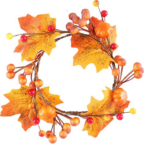 Anneau de bougie en feuille d'érable artificielle, 6 pièces, citrouilles, baies, feuilles, couronne d'automne pour bougies jusqu'à 5 pouces (1/5)