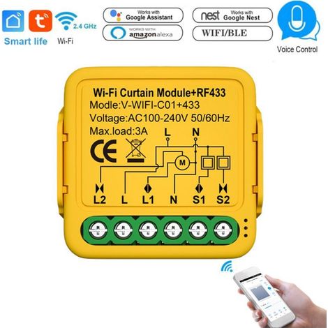 Module Tuya WiFi 433 pour rideau – Commande volet roulant motorisé – Application et vocale Google Assistant – Domotique (1/5)