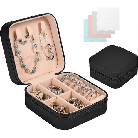 Boîte à bijoux, petite boîte à bijoux de voyage pour femmes et filles, rangement de bijoux de voyage, boîte à bijoux, organisateur de bijoux, boîte à bijoux, rangement de bijoux, noir (1/5)