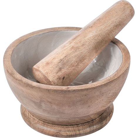 Mortier et Pilon en Bois de Manguier Fait Main Accessoire Cuisine Marron et Blanc Qena (1/5)