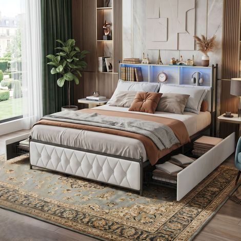 Creahappy Lit 180x200 cm King Size avec 4 Tiroirs - Tête de Lit Rembourrée LED USB Type C - Velours Rembourré capitonné - Beige (1/5)
