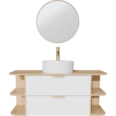 Meuble de salle de bain suspendu avec niches, vasque à poser ronde, robinet et miroir – Blanc et naturel clair – L120 cm – AVORELI (1/4)