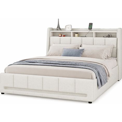 Letto matrimoniale 140x200 cm imbottito con LED APP, testiera con USB e vani portaoggetti, 2 cassetti laterali, senza materasso, Beige  CHICFURN (1/5)