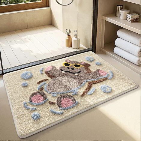 Tapis de bain doux et antidérapant à haute absorption - Pour salle de bain, salon, toilettes - 40 x 60 cm - Motif hippopotame (1/5)