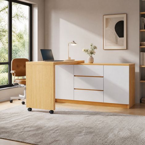 Scrivania pieghevole girevole 360° con ruote bloccabili, bianco e rovere, 120 x 50 x 76,5 cm (1/5)