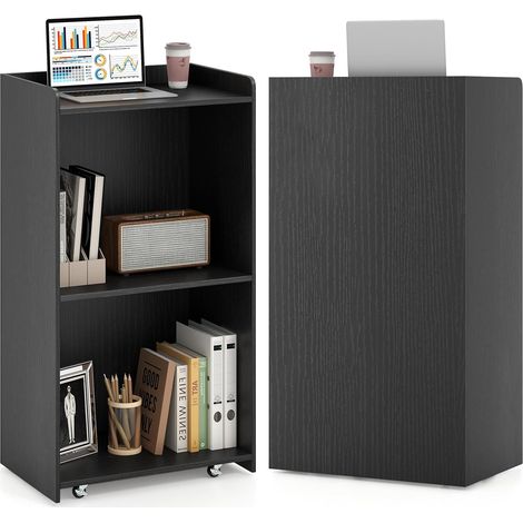 COSTWAY Podio per Conferenza, Leggio in Legno Massello con 2 Ripiani e Ruote Universali e Bloccabili, Podio in Piedi per Chiesa, Ufficio e Scuola, 57,5 x 37 x 105 cm (Nero) (1/5)