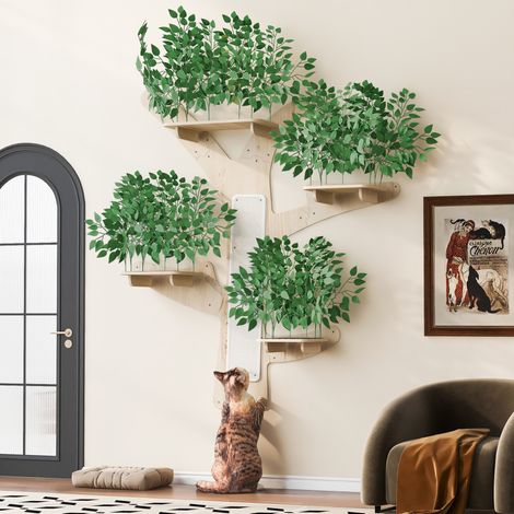 Árbol para gato mural en forma de árbol 155 x 210 cm en pino macizo, plataformas hasta 15 kg, rascadores integrados, verde (1/5)