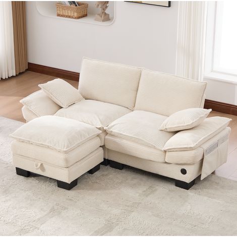 Sofá modular 2 plazas 190x132x84 cm beige en pana con puff, USB-C, bolsillos laterales y almacenaje (1/5)