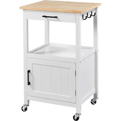 Desserte de Cuisine sur roulettes en Bois Chariot de Service Blanc avec 1 Tiroir/3 Crochets/1 Placard/1 Compartiment Ouvert/Meuble de Rangement Roulant pour Cuisine Bar Restaurant Salon (1/5)