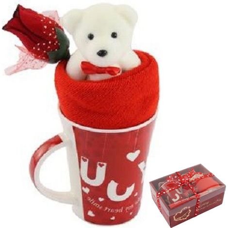 Trade Shop - Weiße Plüschbär-Tasse mit Blumen-Geschenkbox zum Valentinstag 63298 - (1/3)