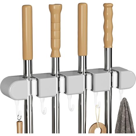 1 Support Balai Mural, 4 Clips Et 5 Crochets, Sans Perçage, ABS Et Silicone, Pour Cuisine, Garage, Jardin