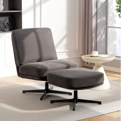 Sillón giratorio con reposapiés 68x50 cm gris oscuro en metal y tejido efecto lino con base 360° (1/3)