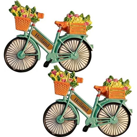 Lot de 2 aimants de réfrigérateur en forme de vélo néerlandais, décoration 2D 7,3 x 6,4 cm avec fleurs, pour réfrigérateur, tableau magnétique, bureau et maison (1/5)