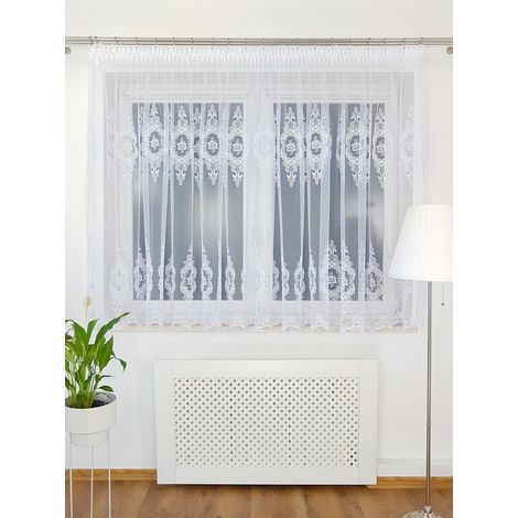 Cortina marquesina de 400x150 cm con cinta fruncidora - blanca, estampado arabesco. (1/5)