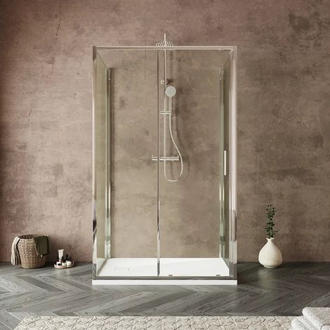 Cabine de douche à trois côtés 70 x 110 x 70 cm avec porte coulissante profilés chromés et verre transparent anti calcaire de 6 mm h 190 (1/4)