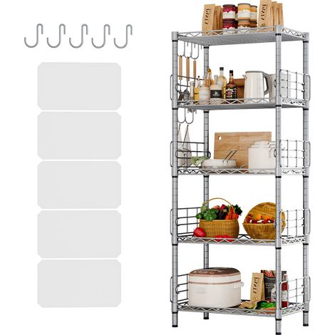 Étagère de cuisine avec cadre latéral - Étagère de rangement avec hauteur réglable - Étagère en métal - Étagère étroite pour armoire de salle de bain - Charge maximale : 200 kg - Argenté - 54 x (1/5)