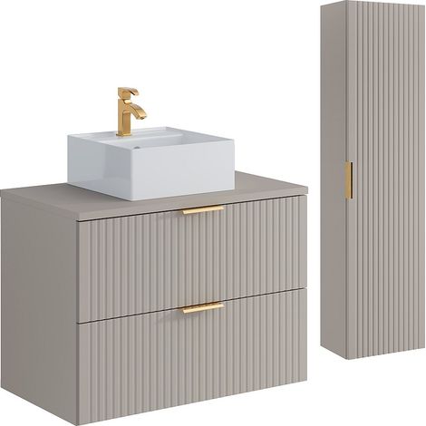 Mobile per bagno sospeso con scanalature con lavabo quadrato d'appoggio e colonna - Colore beige - 80 cm - ZEVARA