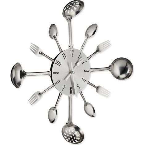 1 Horloge murale, métal, 40 cm, argenté, couverts, fourchette, cuillère, cuisine, salle à manger (1/5)