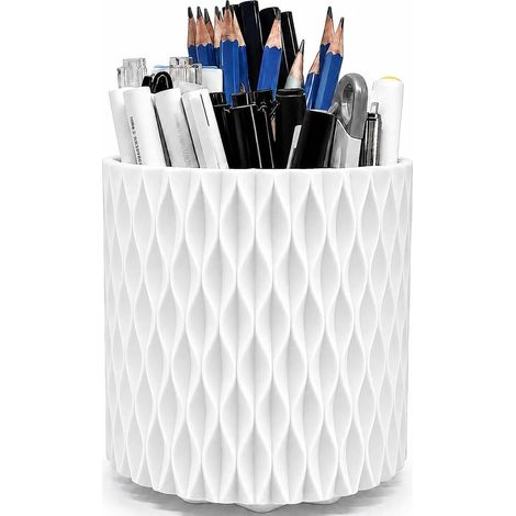 Portalápices giratorio de escritorio, organizador de escritorio blanco único con 5 ranuras, artículos y accesorios de oficina estéticos para mujeres y niñas. (1/4)