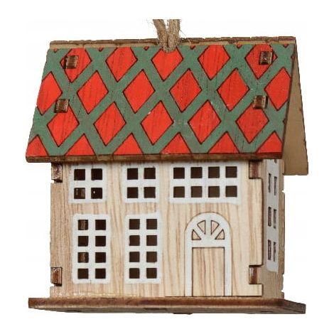 Pendentif sapin de Noël en bois 4,5x6x7cm Maison colorée avec ficelle de jute (1/3)