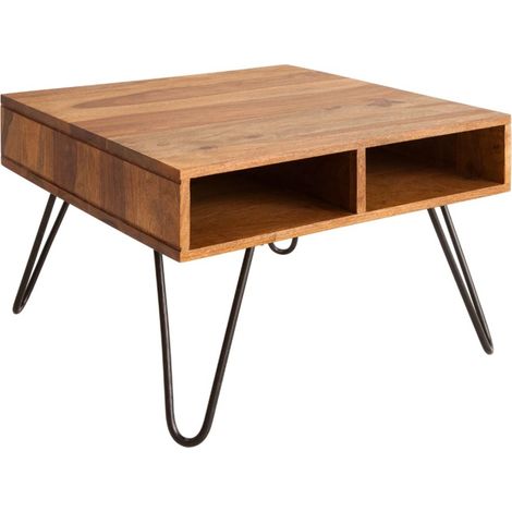 Table basse SILVA 60 cm aus massivem Sheeshamholz und schwarzem Metall - 2 Fächer