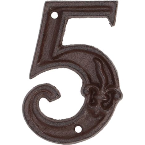 Numéro de maison 5 en fonte – Moulé à la main – Résistant aux intempéries – Motif fleur de lis décoratif – Dimensions 8x11,8cm – Best For Boots