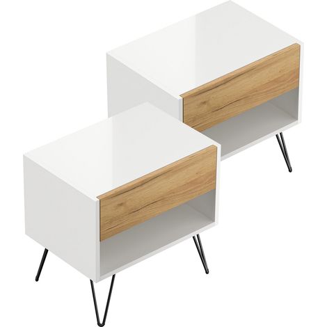 2er Set Nachttisch Dion 50cm SoftClose stehend Weiß und Eiche Front