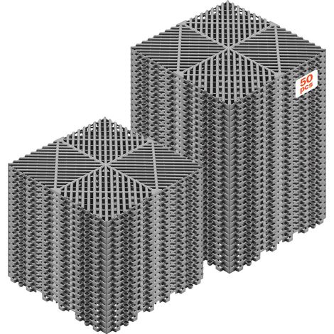 Dalles de Sol Clipsables pour Garage, Tapis de Drainage Modulaire en PP, Lot de 50, 310x310 mm, pour Piscine, Spa, Terrasse, Jardin, Balcon, Sous-sol, Système d'Emboîtement Antidérapant, Gris (1/5)