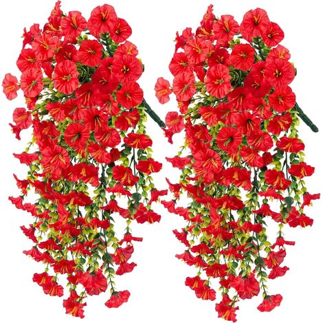 2 pièces fleurs artificielles, suspension extérieur, plastique résistant UV, décor balcon jardin, feuillage réaliste (1/5)