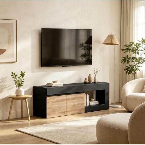 Mueble TV 140x40x48 cm de aglomerado negro y efecto madera para salón – MEUBLIV (1/5)
