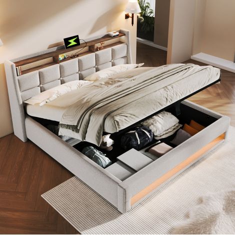 Cama con almacenamiento tapizada en lino beige 160x200 cm con LED, USB, somier de láminas y colchón de muelles ensacados (1/5)