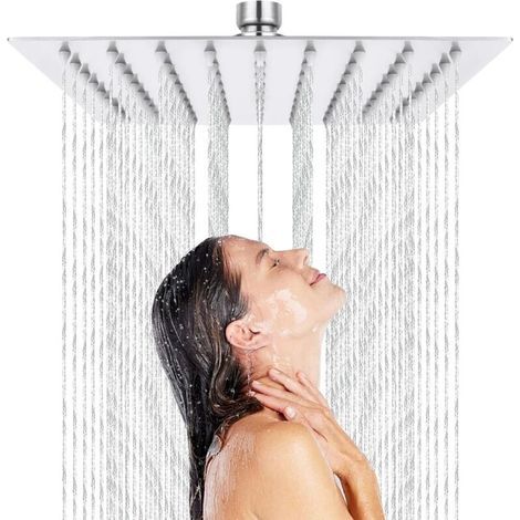 Tete de Douche Pluie Carre Anti Calcaire, Tete de Douche Pluie, Pomme de Douche en Acier Inoxydable et Haute Pression, Tête de Douche Rotatif 360° Facile à Installer et à Nettoyer, 8 Pouces (20x20cm) (1/4)