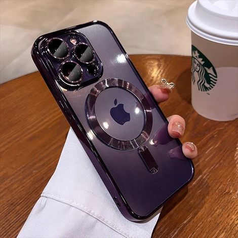 Custodia viola scuro per iPhone 17 Pro Max con protezione magnetica, lente trasparente e rivestimento elettroplastico.