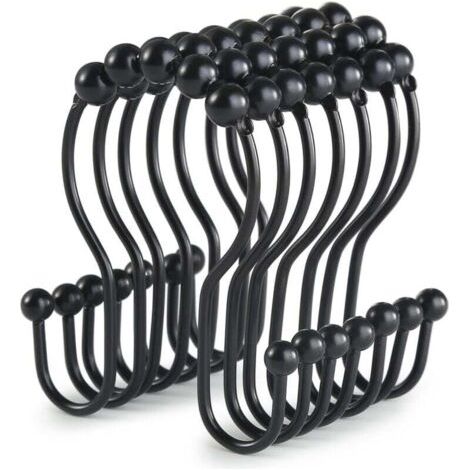 Lot de 12 crochets de rideau de douche noirs, anneaux de rideau de douche antirouille, anneaux de rideau de douche double couche, conception anti-chute coulissante (noir)