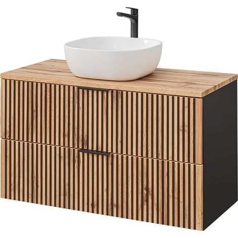 Waschbeckenunterschrank 100 cm mit Keramik Aufsatzwaschbecken weiß XANTEN-56 in anthrazit mit Eiche Nb. schwarz gerillt, B/H/T: ca. 100,6/74,2/46,5 cm