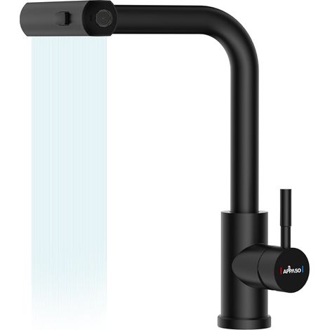 JANLEMNY Waterfall Tap Black, Waterfall Black Kitchen Mixer Tap with Pull Out Spray, Stainless Steel Sink Taps with 3 Functions, 360° Swivel Single Handle Kitchen Tap Mixer 1 Hole, Kitchen Faucet, Bla