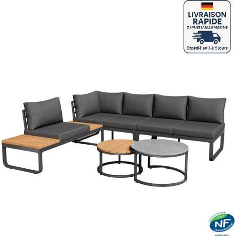 Ensemble de jardin 5 places,Modularité, canapé droit et tables basses gigognes, avec coussins et oreillers gris, pieds réglables, métal, gris (1/5)